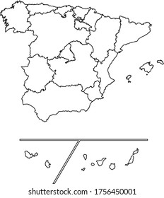 Spain map in white color and black border on white background. Vector illustration.