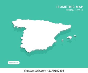 Spain map white on green background with 3d isometric vector illustration.