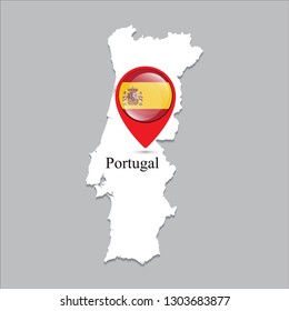 Spain map with white shadow and country name on the map. Check-in point with a national flag on a gray background.