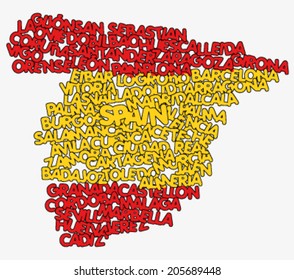 Spain map and words cloud with larger cities 