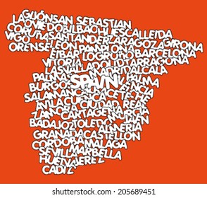 Spain map and words cloud with larger cities 