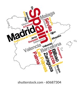 Spain map and words cloud with larger cities