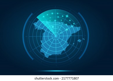 Spain Map - World Map International vector template with futuristic circle radar style HUD, GUI, UI interface isolated on blue background for design, infographic - Vector illustration eps 10