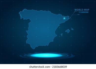 Spain Map - World Map International vector template with Hologram in perspective style and HUD, GUI, UI interface isolated on blue background for design - Vector illustration eps 10