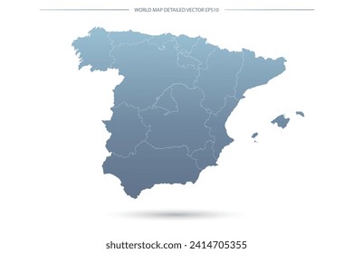 Mapa de España - Mapa Mundial Plantilla vectorial internacional con Alto detalle que incluye color gradiente gris y azul y color de contorno blanco aislado en fondo blanco - Ilustración vectorial eps 10