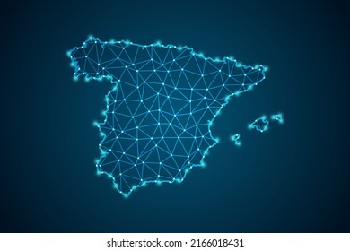 Mapa de España - Línea de máscaras del Mapa Mundial y escalas puntuales sobre fondo de tecnología azul. Malla 3D del marco de cables línea de red poligonal, esfera de diseño, punto y estructura - Ilustración vectorial eps 10