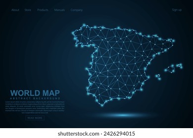 Spain Map - World Map mash line and point scales on blue technology background. Wire Frame 3D mesh polygonal network line, design sphere, dot and structure - Vector illustration eps 10