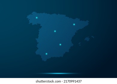 Spain Map - World Map vector template with dots, grid, grunge, halftone style and light, network line, design sphere on blue technology background -  Vector illustration eps 10