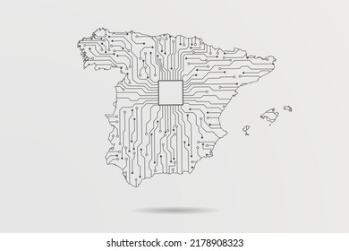 Spain Map - World map vector template with Abstract futuristic circuit board Illustration or High-tech technology mash line and point scales on white background - Vector illustration ep 10