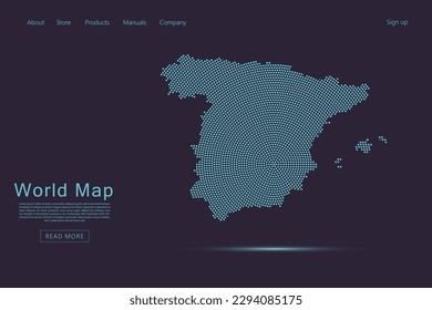 Mapa de España - Plantilla de vector de mapa mundial con puntos azules, rejilla, grunge, estilo de medio tono aislado en fondo morado oscuro para sitio web, infografía, diseño tecnológico - Ilustración vectorial eps 10