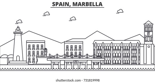 Spain, Marbella architecture line skyline illustration. Linear vector cityscape with famous landmarks, city sights, design icons. Landscape wtih editable strokes