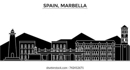 Spain, Marbella architecture vector city skyline, travel cityscape with landmarks, buildings, isolated sights on background