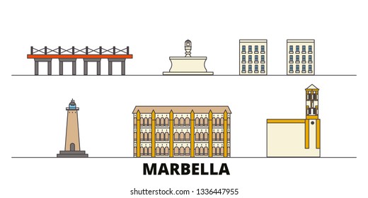 Spain, Marbella flat landmarks vector illustration. Spain, Marbella line city with famous travel sights, skyline, design. 
