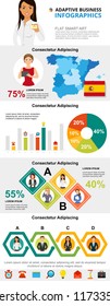 Spain and marketing concept infographic charts set. Business process and pie charts for presentation slide templates. For corporate report, advertising, leaflet layout and poster design.