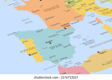 Spain in the middle of europe map, close up Spain, travel idea, pinned destination, top view, vacation and road trip concept, colorful map with location icon