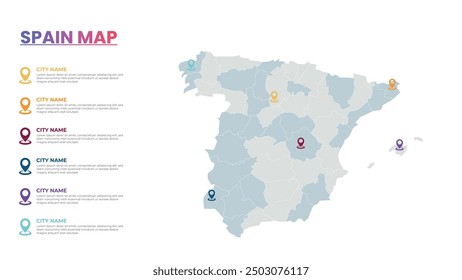 Spain Modern Map Infographic Template, Detailed infographic map of Spain Popular City