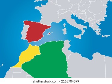 
Spain, Morocco and Algeria prominent maps. International relations