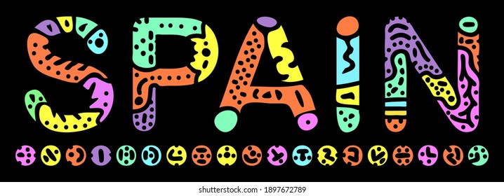 Spain. Multicolored bright isolate inscription. Colored curves decorative doodle letters. Spain for print, clothing, t-shirt, souvenir, booklet, banner, flyer, ads. Stock vector picture.