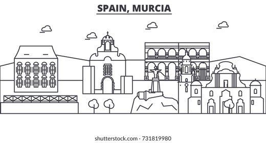 Spain, Murcia architecture line skyline illustration. Linear vector cityscape with famous landmarks, city sights, design icons. Landscape wtih editable strokes