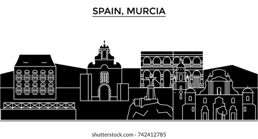 Spain, Murcia architecture vector city skyline, travel cityscape with landmarks, buildings, isolated sights on background