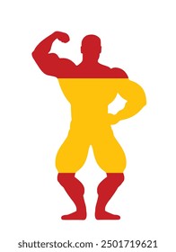 Spain muscular bodybuilder Spain flag vector silhouette illustration isolated. Patriot sport man strong arms. Body builder athlete showing muscles. Muscular body shape pose exhibition competition.