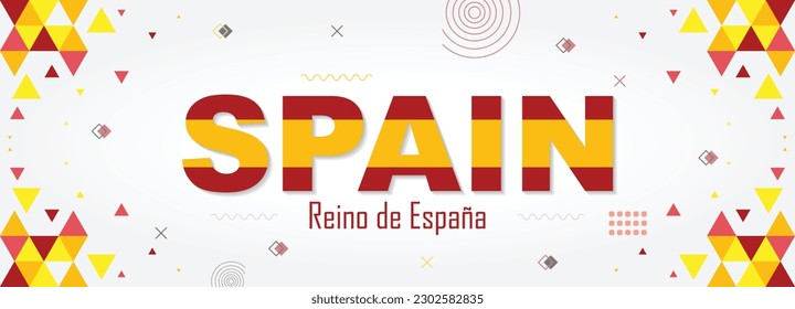 Spain nation banner abstract background, Spanish flag color combination for national celebrations and festivals, red and yellow color geometric design with shapes, Translation: Kingdom of Spain