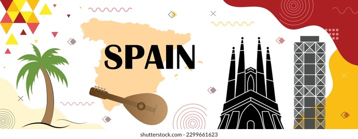 Spain nation banner with flag colors, tradition and culture, geometric abstract design, famous landmarks, map in background, suitable for travel, tourism, celebrations and festivals