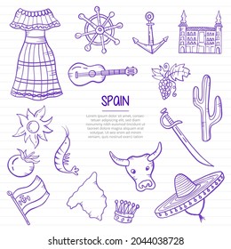 spain nation or country doodle hand drawn with outline style on paper books line