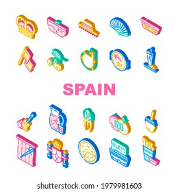 Spain Nation Heritage Collection Icons Set Vector. Gazpacho, Omelet And Paella Spain Dish, King Crown And Spanish Flag, Stadium And Bullfighting Isometric Sign Color Illustrations
