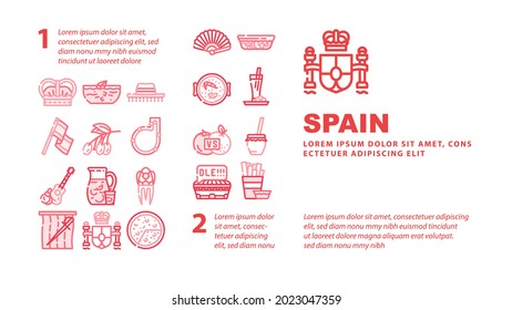 Spain Nation Heritage Landing Web Page Header Banner Template Vector. Gazpacho, Omelet And Paella Spain Dish, King Crown And Spanish Flag, Stadium And Bullfighting Illustration