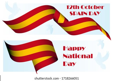 Spain National Day, 12th of October, patriotic holiday poster template with 3D realistic ribbon colored as Spanish flag and dove as peace symbol for national holiday banner, greeting card Vector art