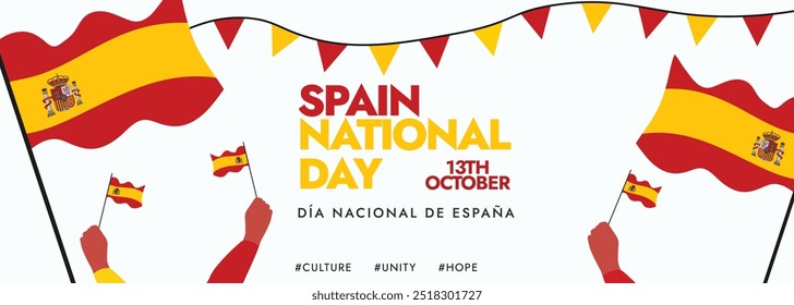 Día Nacional de España. 12 de octubre Anuncio de portada de la celebración del día nacional de España, fondo con sus banderas, manos sosteniendo sus banderas, texto escrito en colores de banderas. Diseño de Plantilla conceptual.