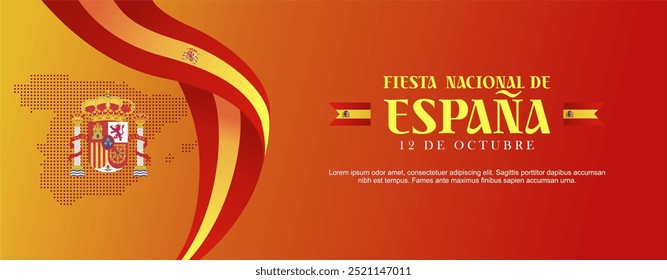 Día Nacional de España 12 de octubre de 2024 Anuncio de bienvenida con bandera de cinta 3D, emblema nacional y mapa punteado. Fiesta Nacional De España 2024. Traducción: Día Nacional de España Ilustración vectorial