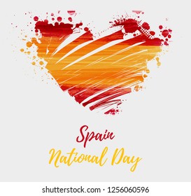 Spain National day background. Abstract brushed watercolor flag of Spain in grunge heart shape. Holiday template background.