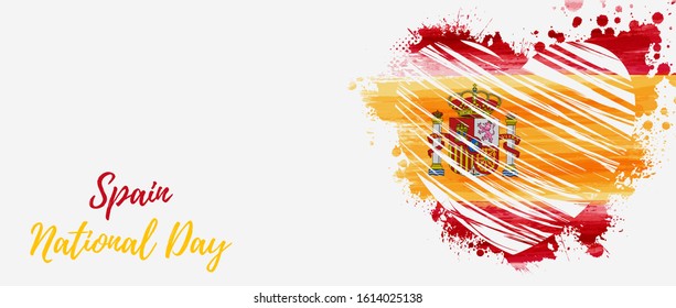 Spain National day background. Abstract brushed watercolor flag of Spain in grunge heart shape. Holiday template background. Horizontal banner