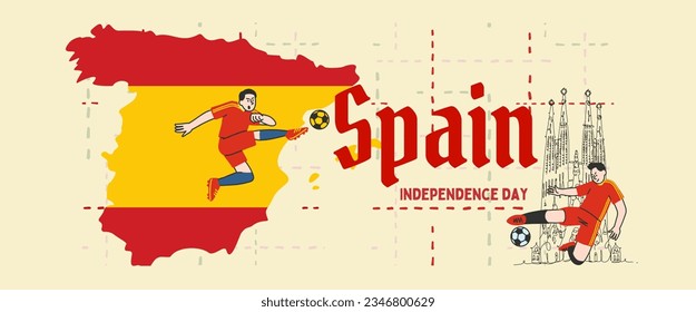Spain national day banner design. Spain flag and map theme background. Abstract geometric retro shapes of red and yellow color. Spain Vector illustration.