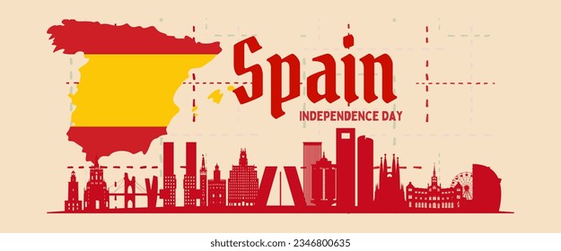 Spain national day banner design. Spain flag and map theme background. Abstract geometric retro shapes of red and yellow color. Spain Vector illustration.