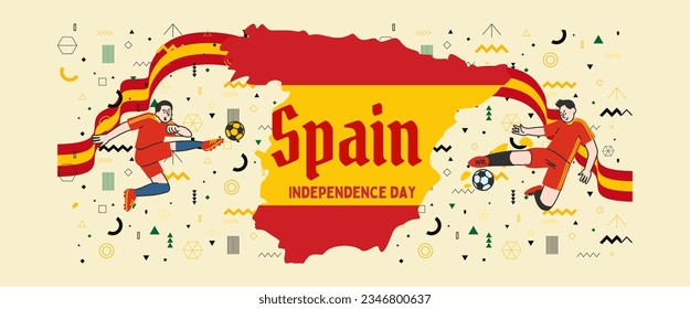 Spain national day banner design. Spain flag and map theme background. Abstract geometric retro shapes of red and yellow color. Spain Vector illustration.