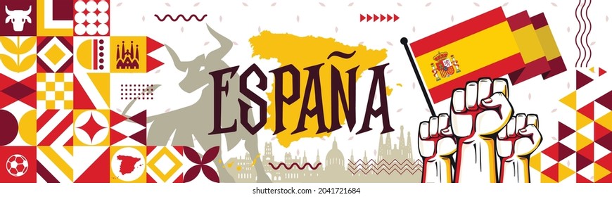 Spain national day banner for España , Espana or Espania with abstract modern design. Flag and map of Spain with typography  red yellow color theme. Barcelona  Madrid skyline in background with bull