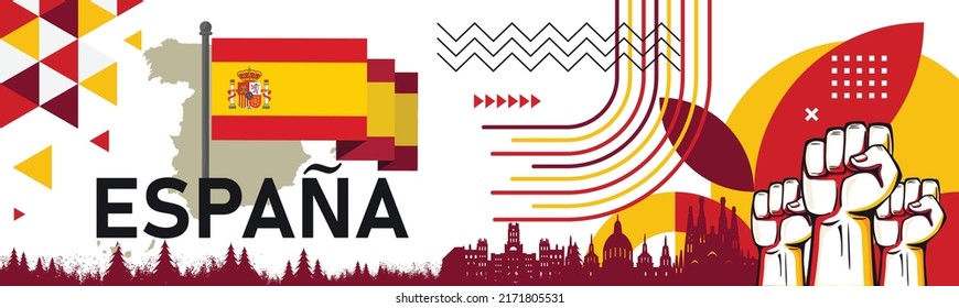 Spain national day banner for España , Espana or Espania with abstract modern design. Flag and map of Spain with red yellow color theme. Barcelona Madrid skyline in background. Vector illustration.