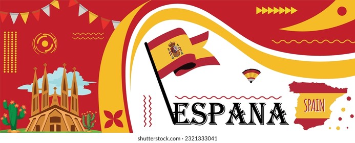 Spain national day banner for Espana or Espania with abstract retro modern geometric banner design. Flag of Spain with typography red yellow color background.
