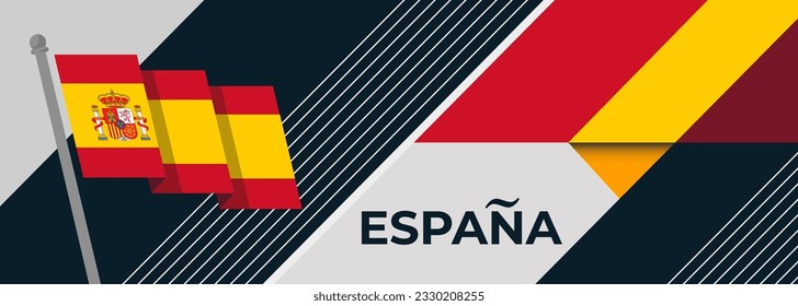 Spain national day banner for España , Espana or Espania with abstract retro modern geometric design. Flag of Spain with red yellow color corporate business theme. Barcelona and Madrid background.