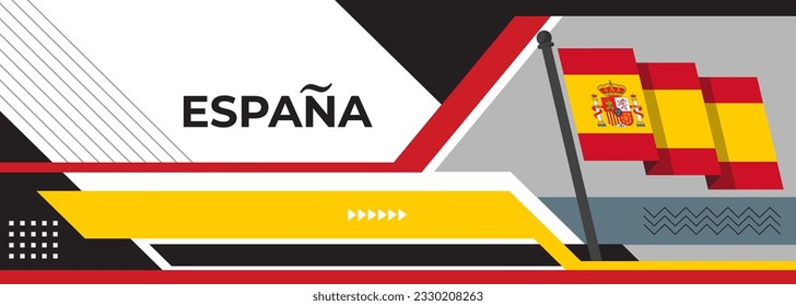 Spain national day banner for España , Espana or Espania with abstract retro modern geometric design. Flag of Spain with red yellow color corporate business theme. Barcelona and Madrid background.