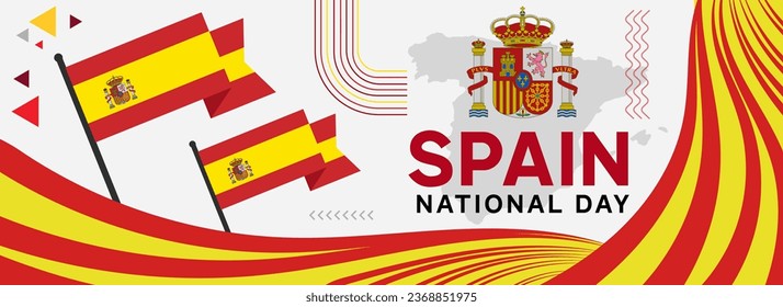 Spain national day banner for España , Espana or Espania with abstract modern design. Flag and map of Spain with typography red yellow color theme. Barcelona Madrid skyline in background 