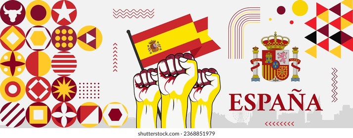 Karte und Flagge Spaniens mit typografisch rot-gelbem Thema, Spanien National Day White Simple Banner, Vektorgrafik