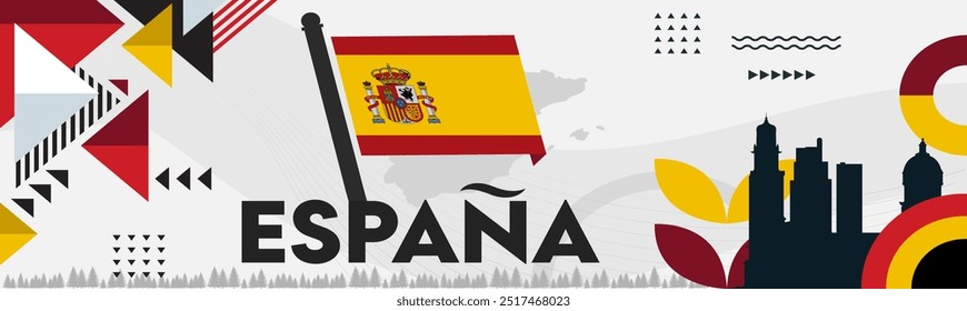 Spain national day banner for España , Espana Flag or Espania with abstract modern design. Map of Spain.