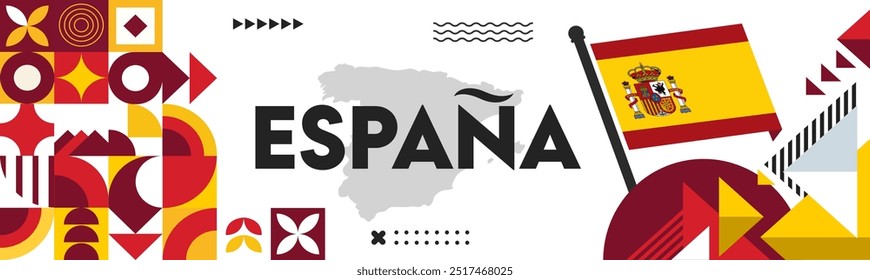 Spain national day banner for España , Espana Flag or Espania with abstract modern design. Map of Spain.