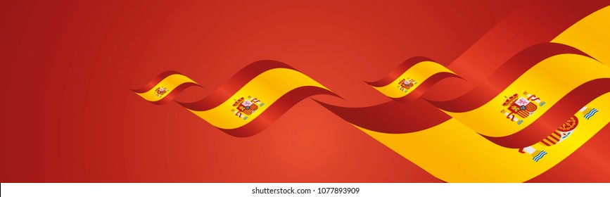 Spain National Day waving flags two fold red landscape background