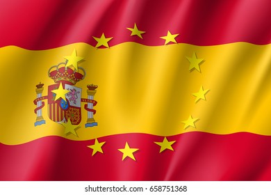 Spain national flag with a circle of European Union twelve gold stars, solidarity and harmony with EU, member since 1 January 1986. Realistic vector style illustration