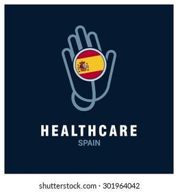 Spain National flag on stethoscope - Health care logo - Medical Logo - specialist doctors in Country - Hospital Clinic Logo - Helping Hand Logo - Charity Help Vector illustration